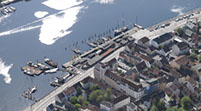 Drohnenbild der Wasserflugstation in Flensburg mit Wasserfluzeug und den Booten aus dem Bootsverleih.