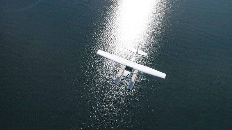 Das Wasserflugzeug während eines Rundfluges über den Ochseninseln in der Flensburger Förde.